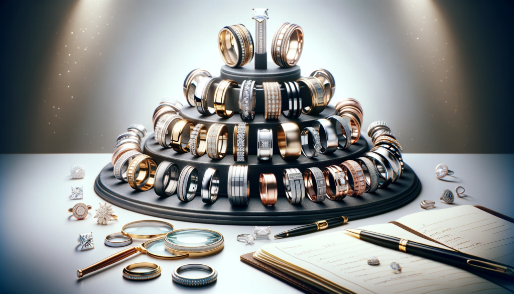 a stand with a wide array of wedding band and wedding rings 