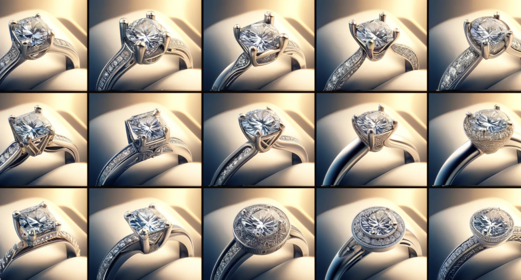  engagement ring head styles are shown in this image:
Bezel, Cathedral, Six-Prong Solitaire, Four-Prong Solitaire, Split Shank, Basket, Trellis, and Halo. 