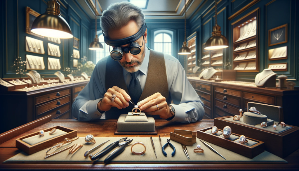 A luxurious jewelry workshop depicting a scene of a jeweler resizing an engagement ring, highlighting the intricacy and precision of the process.