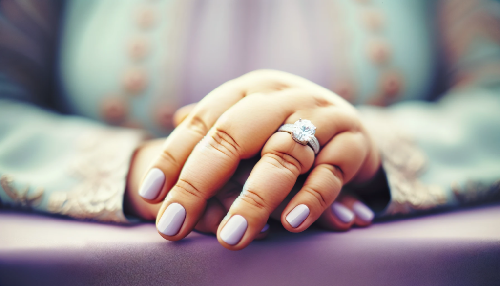 A close-up of a woman's hands with extremely full, obese fingers, adorned with a white diamond engagement ring