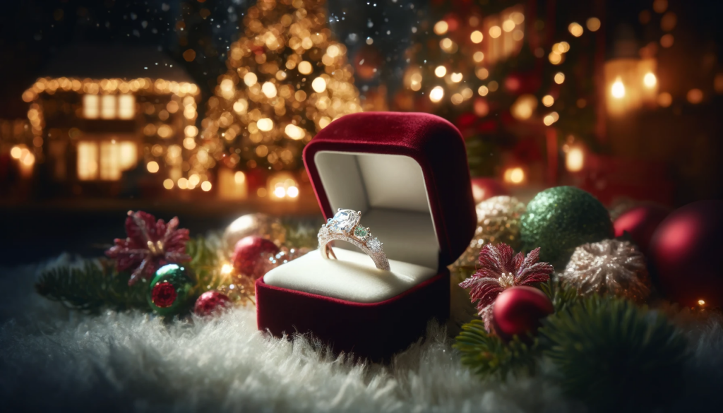 Christmas engagement ring next to a christmas tree