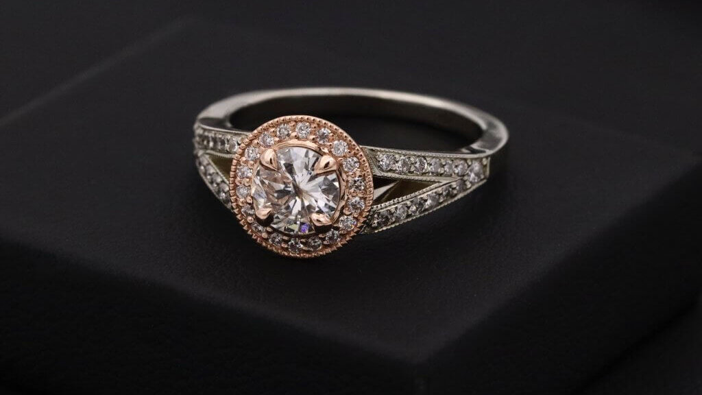 rose gold round diamond halo engagement ring