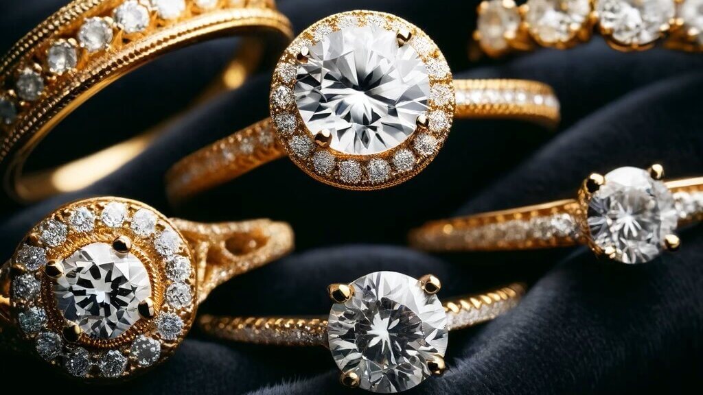 24K Gold Engagement Rings with round diamonds halo solitaire pave