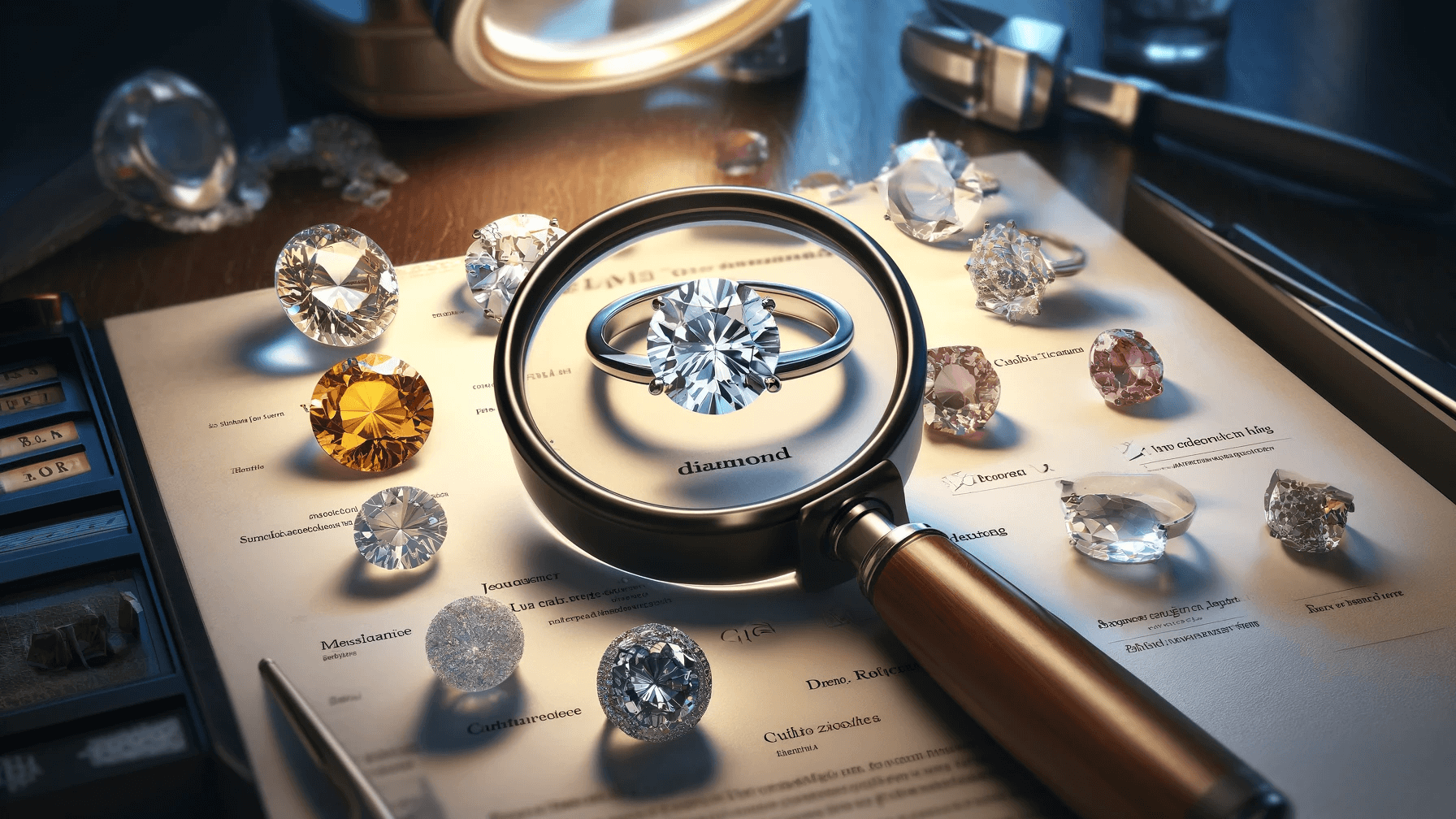 Educational image showing a close-up view of a diamond ring under a magnifying glass, positioned next to labeled gemstones cubic zirconia and moissanite. A jeweler's loupe, a GIA report, and the subtle backdrop of a jewelry store provide a professional and trustworthy setting. The image is designed to assist potential diamond buyers in identifying real diamonds versus fakes