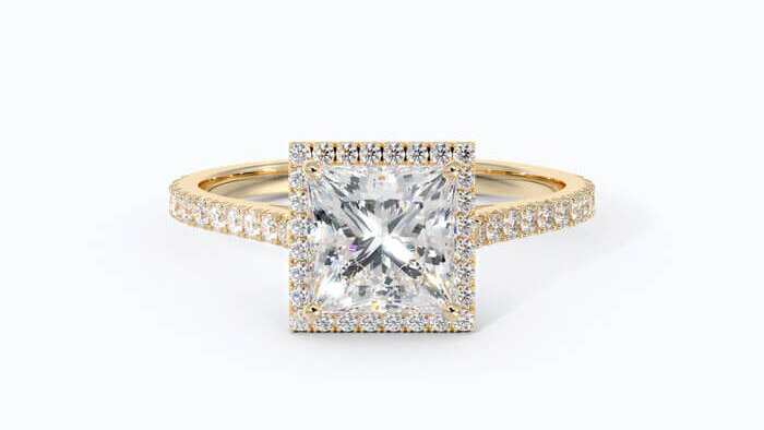 princess-cut-halo-engagement-ring-in-yellow-gold-front-down- Square Halo Engagement Rings