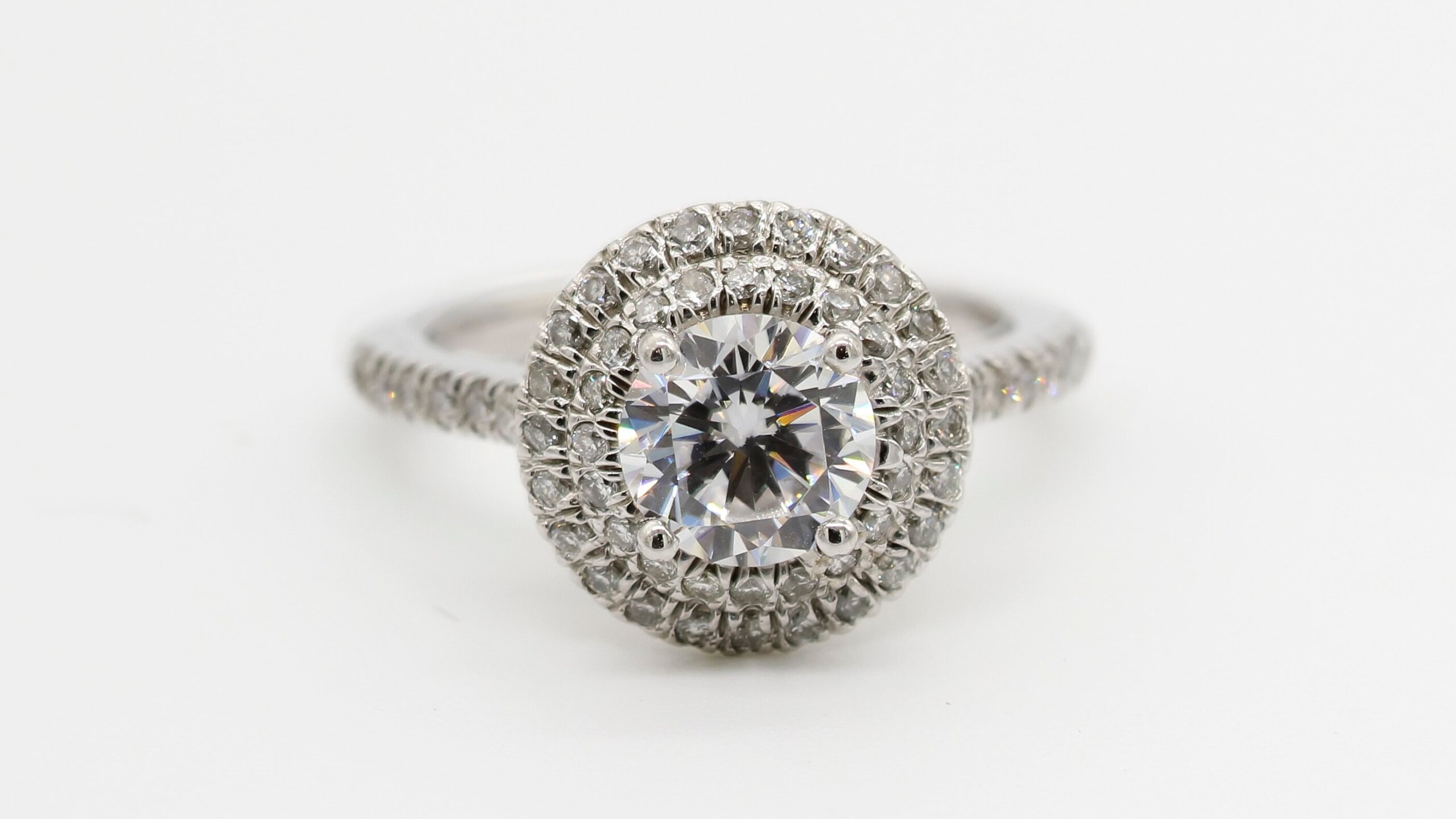 round cut diamond double halo pave engagemnet ring 