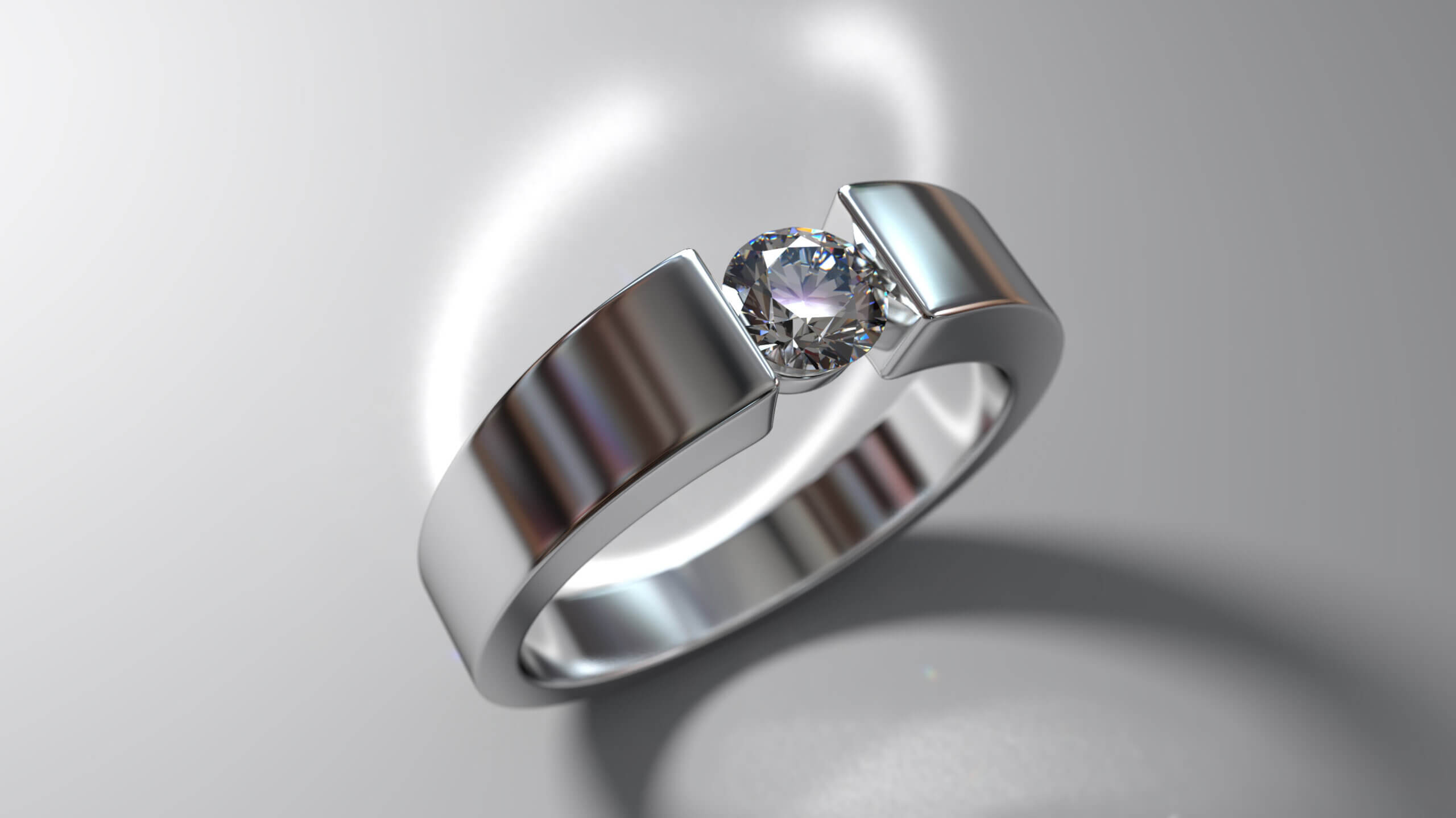 wide white gold round cut diamond ring  tension settings