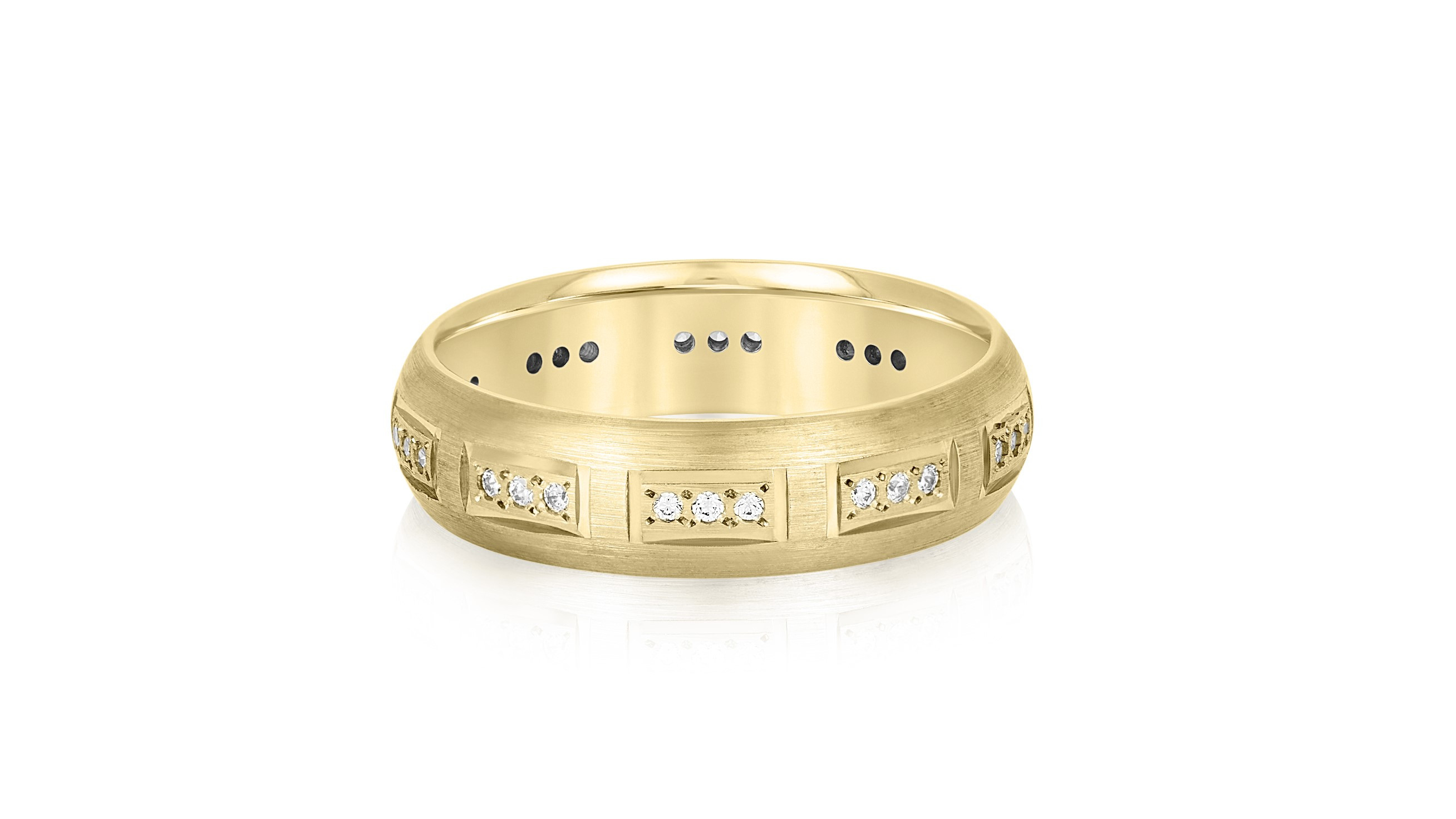 A men's yellow gold wedding band with a brushed matte finish, featuring evenly spaced rectangular sections each set with small, round diamonds. The ring has a polished inner surface for comfort, blending a classic design with modern diamond accents.






