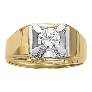 A men's two-tone ring with a polished yellow gold band and a central round diamond set in a square white gold or platinum bezel. The diamond is held by four prongs, contrasting against the yellow gold for a bold and elegant look.






